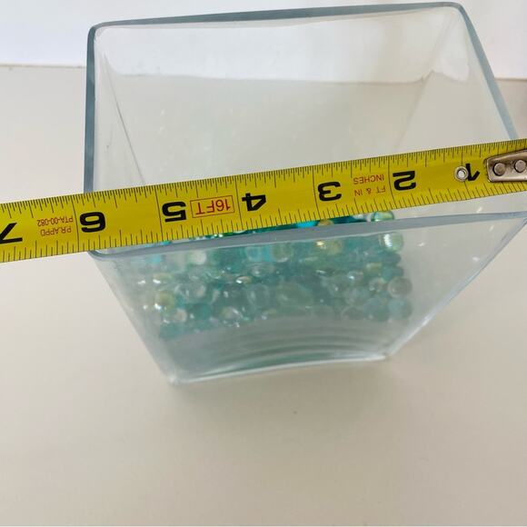 VINTAGE Square Rectangle Aquarium Glass Vase Green Round Pebble Marbles Decor - Picture 4 of 5